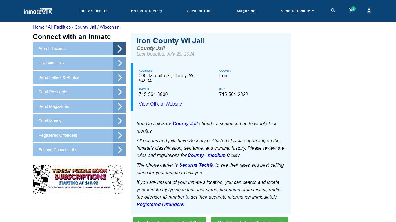 Iron County WI Jail - Inmate Locator