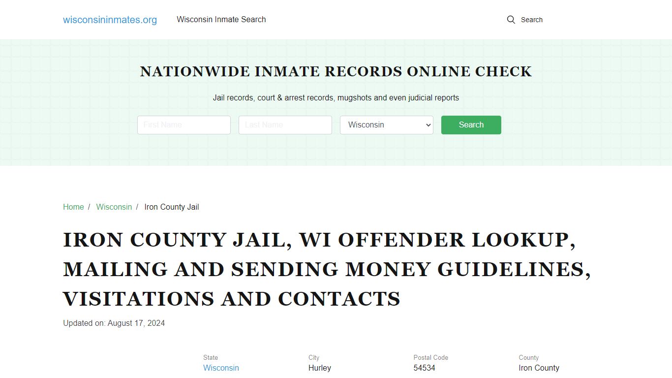 Iron County Jail - Wisconsin Inmate S